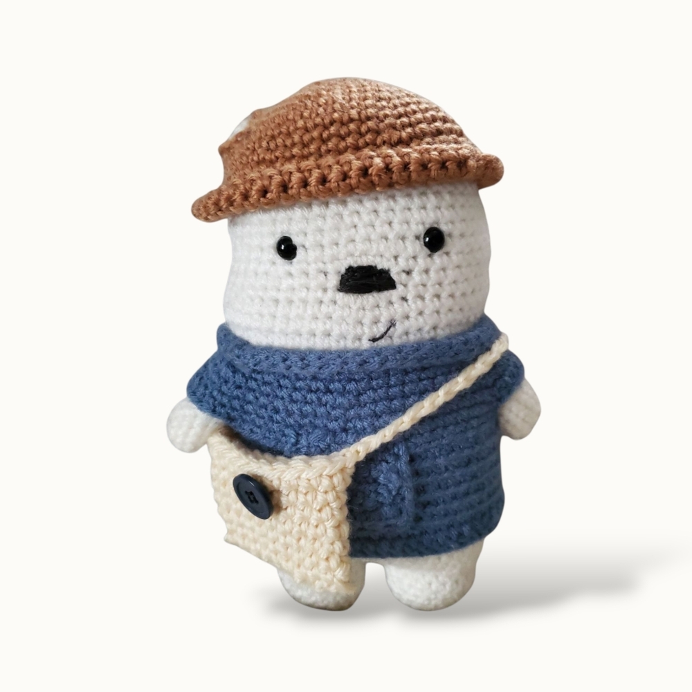 Handmade Crochet Bear w/ Blue Sweater and Brown Hat